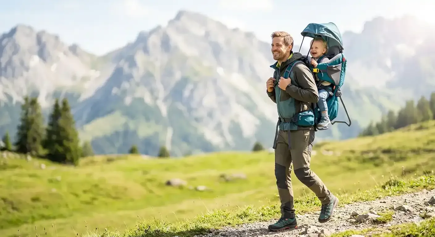 Glückliche Eltern wandern in den Bergen mit einem Kleinkind in einer gemieteten Deuter Kraxe auf dem Rücken