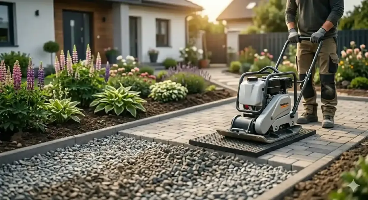 Heimwerker verdichtet Sand mit Rüttelplatte für Terrassenbau