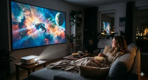 Beamer projiziert Bild auf Leinwand im Wohnzimmer beim Filmabend