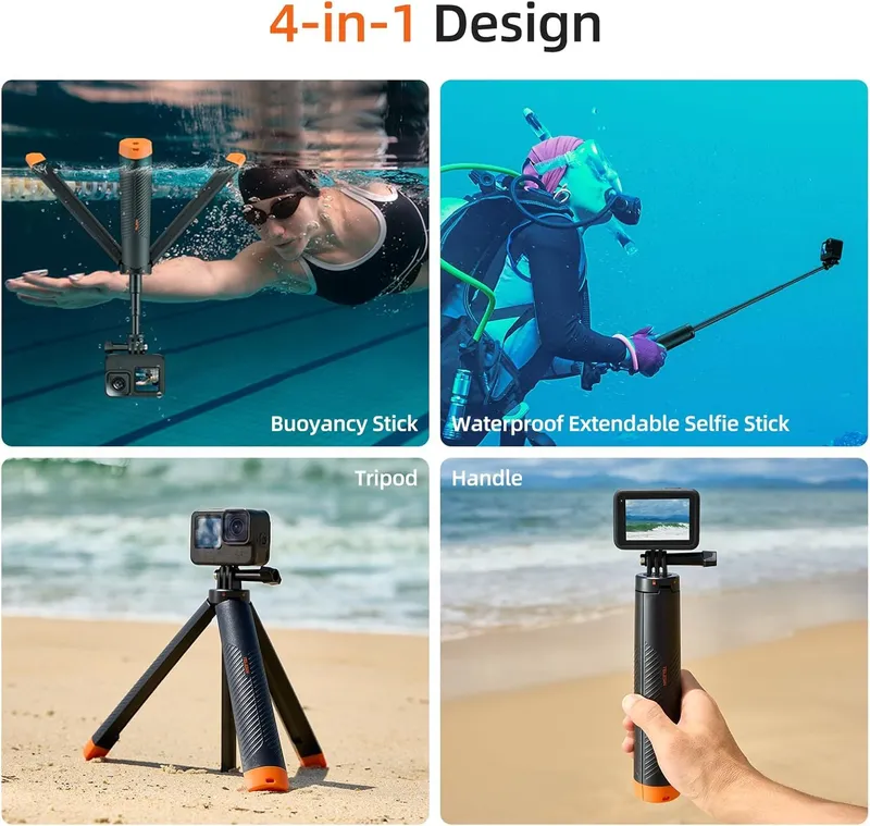 TELESIN 4 in 1 Selfie Stick Schwebender Handgriff -  Stativ / Wasserdicht / Ausziehbares Selfie Einbeinstativ für GoPro Hero 13 12 11 10 9 8 7 6 5 4 3 DJI Action 5...