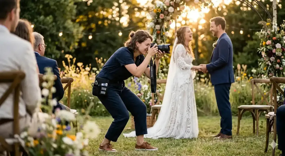 Hochzeitsfotograf mit Spiegelkamera und Blitz bei Feier im Freien