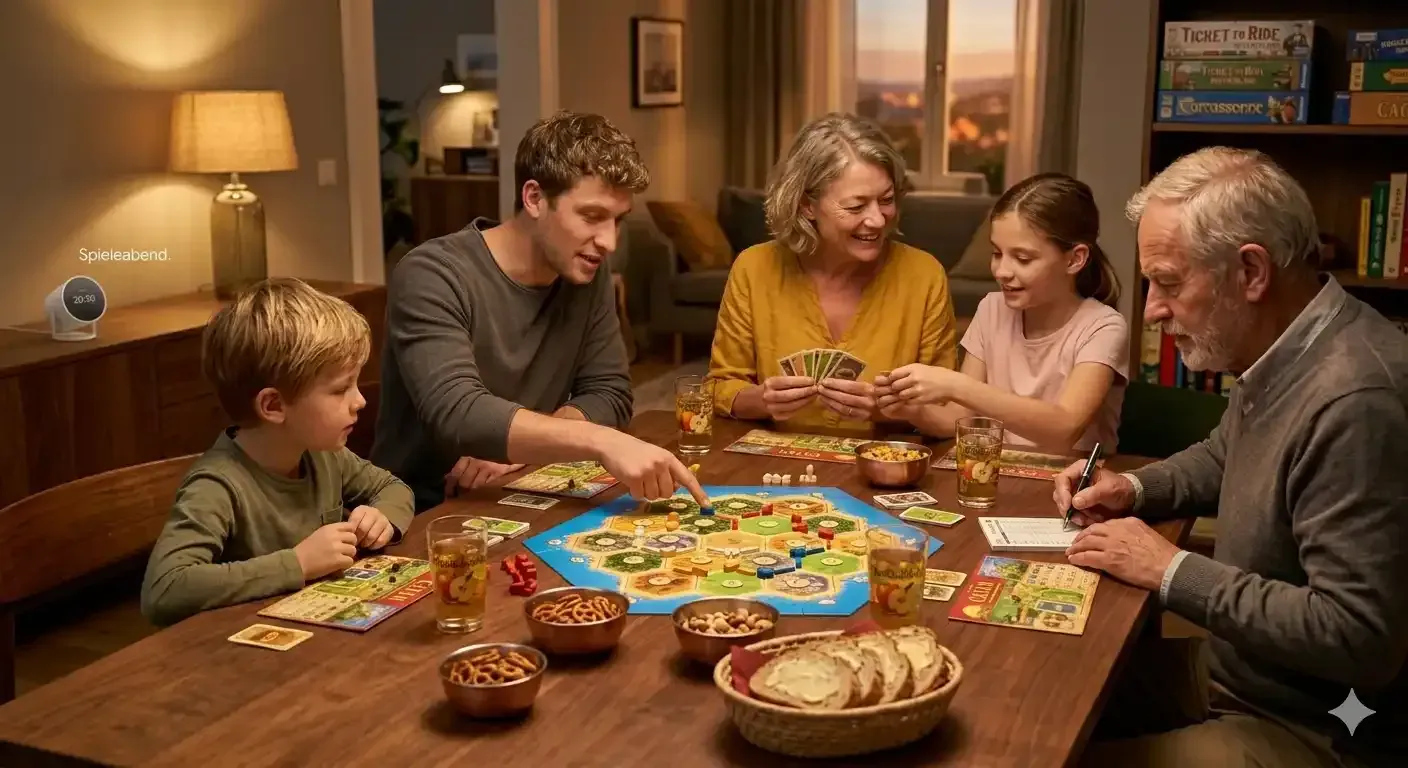 Familie spielt gemeinsam Brettspiele und lacht