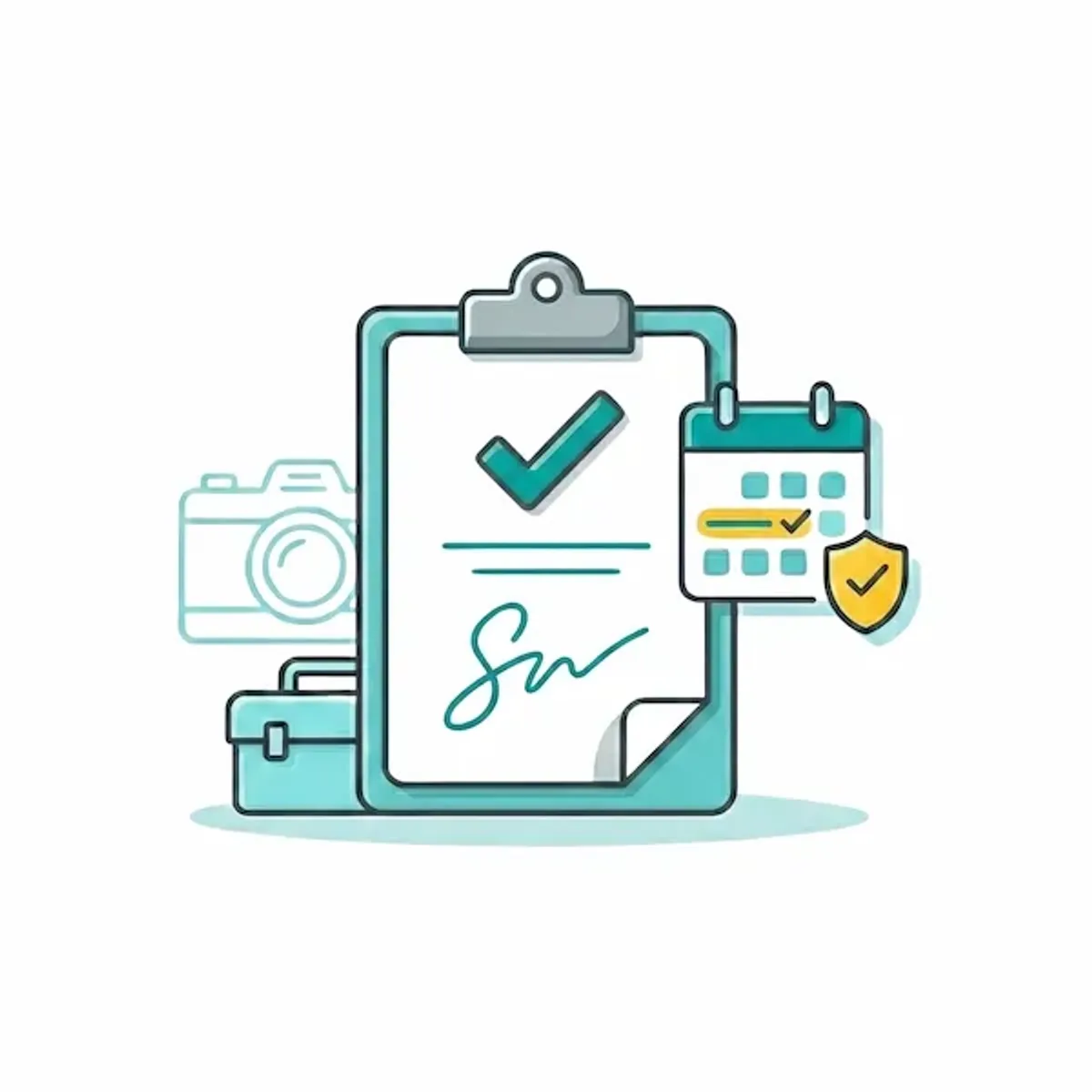Symbolische Illustration: digitaler Mietvertrag, Häkchen und Dokument – Mietvertrag bei Vermietung von Gegenständen