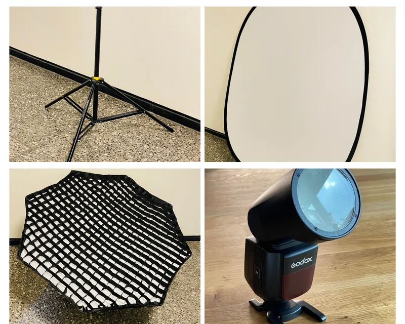 Mobiles Fotostudio-Komplettset: 2x Blitz + 2x Octa Softbox 120 cm + 3x Lampenstative + Falthintergrund + Studio-Trolly