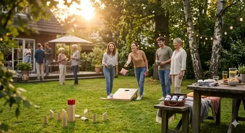 Giant Jenga mieten im Garten – Abendstimmung