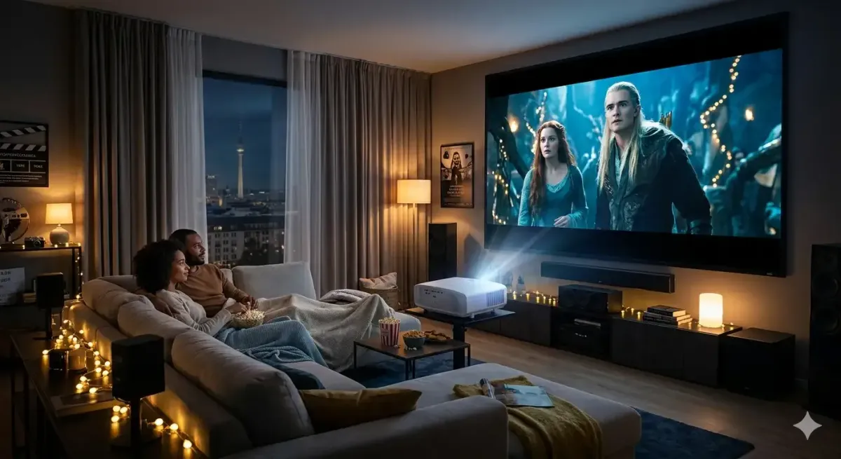 Person schaut Heimkino auf Beamer-Leinwand im Wohnzimmer