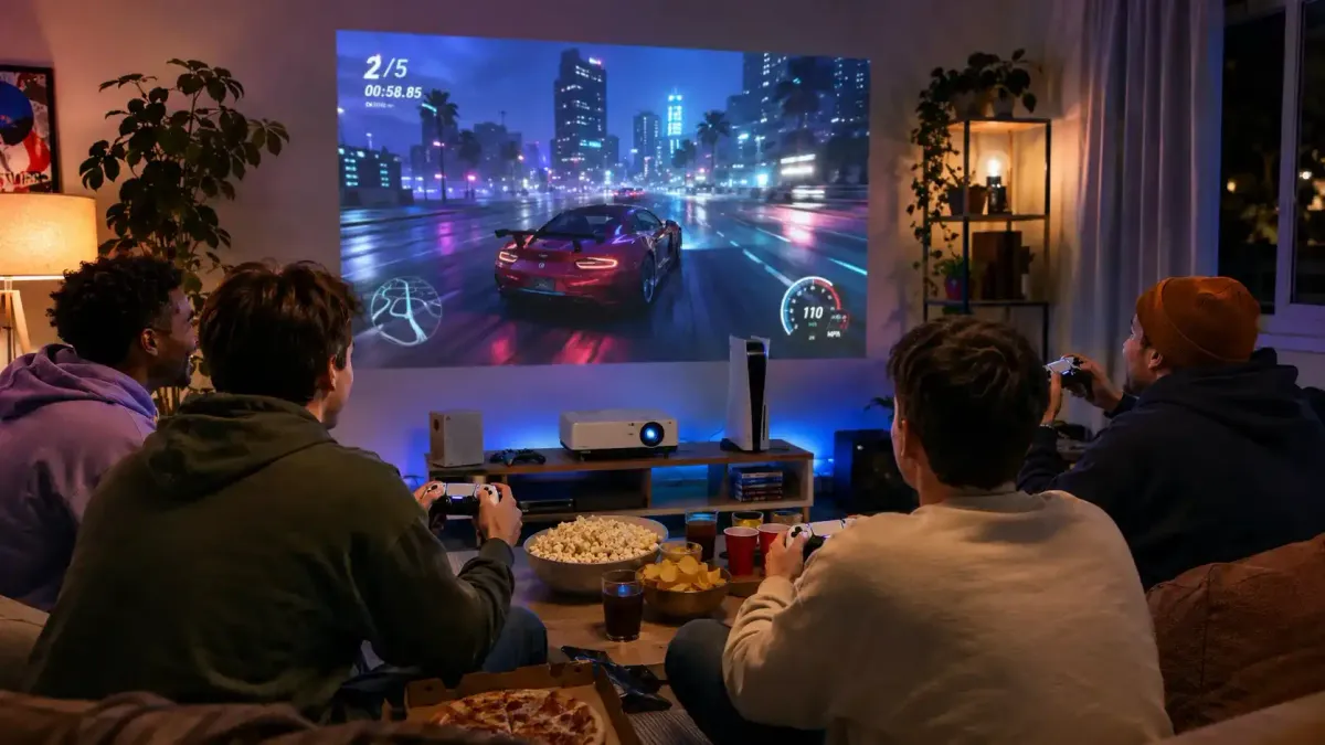 Freunde spielen gemeinsam Videospiele mit Konsolen und Controller