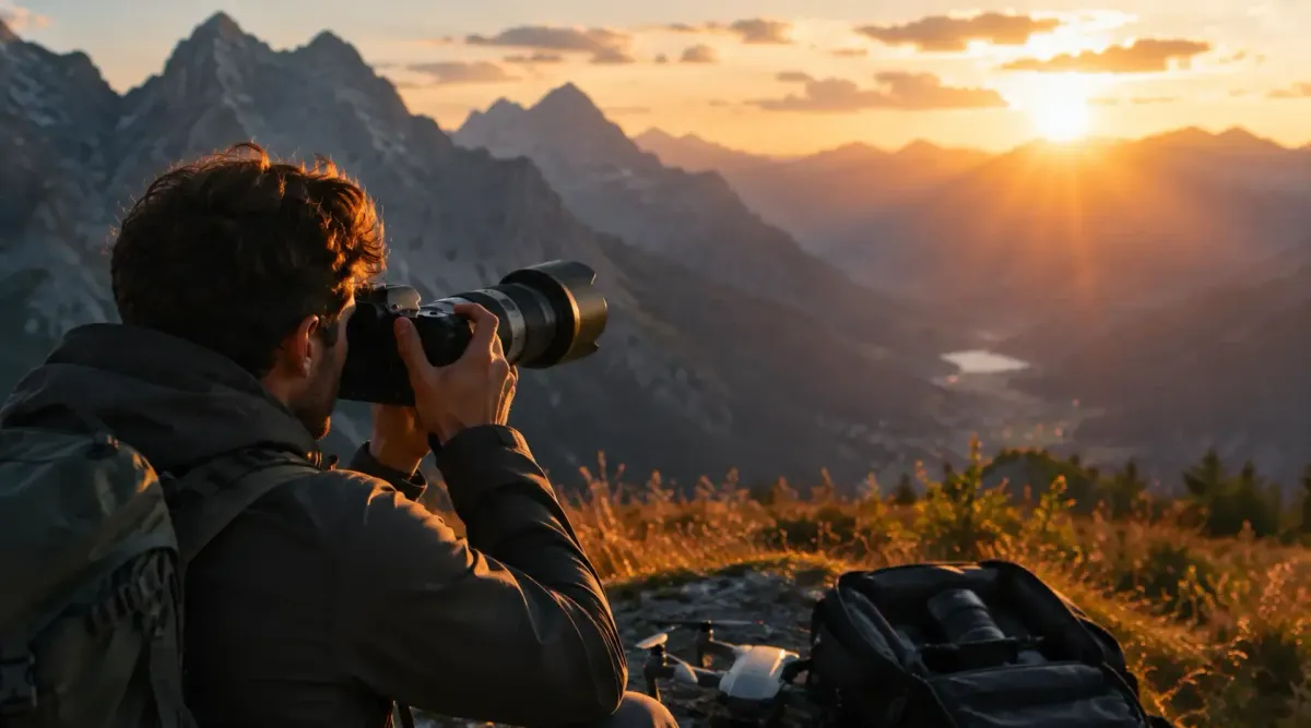 Reisefotograf mit Drohne und Kamera beim Sonnenuntergang in den Bergen