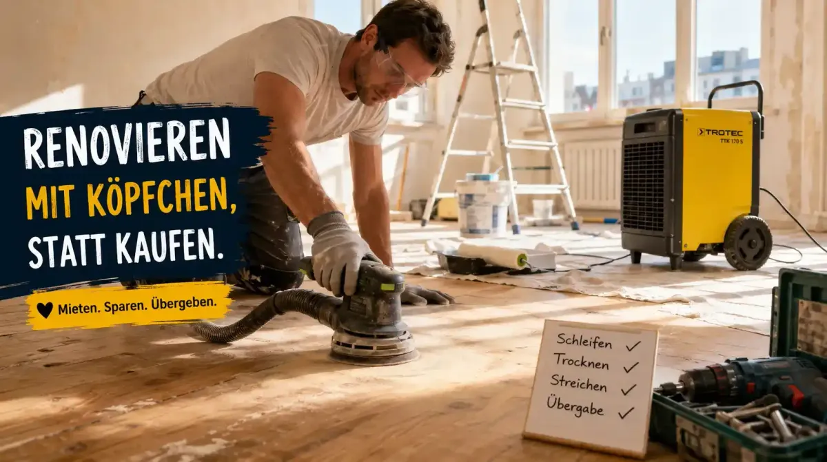 Person streicht Wand oder schleift Boden in einer Wohnung bei der Renovierung