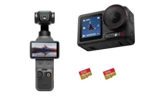 DJI Osmo Pocket 4 Creator Combo + DJI Osmo Action 5 Pro + SD-Karte (128Gb, 2x) + Zubehör
