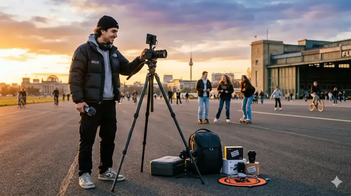 YouTuber vor Green Screen mit Ringlicht und Spiegelkamera auf Stativ