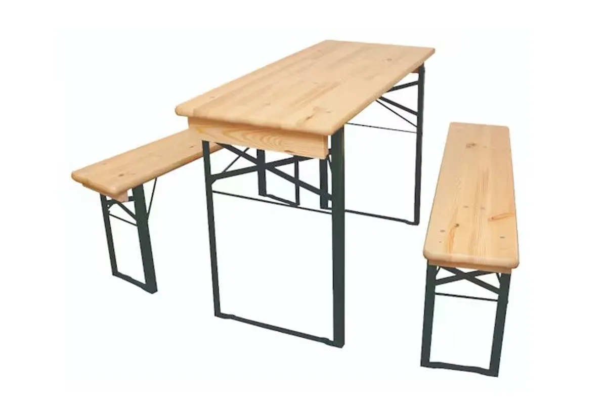 4 x Bierzeltgarnitur 3 tlg., 2 x Bierbänke und x 1 Biertisch, Stahl / Kiefernholz, 110 x 50 x 78 cm, braun / grün