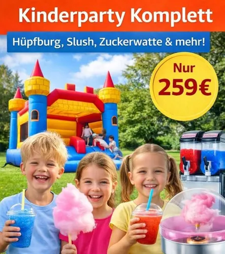 Kinderparty Geburtstag Sparset: Hüpfburg, Slushi und Zuckerwatte