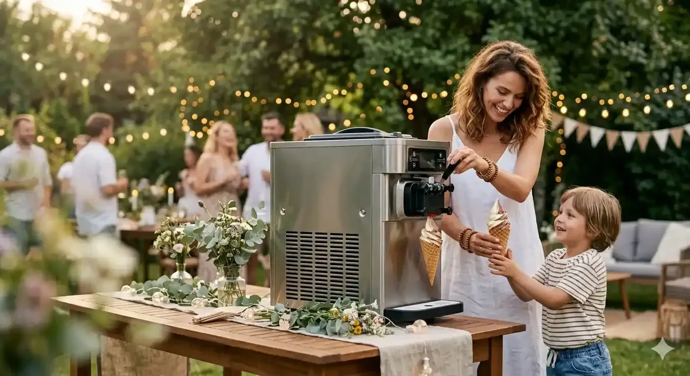 Leckeres Softeis wird auf einer Sommerparty aus einer Maschine gezapft