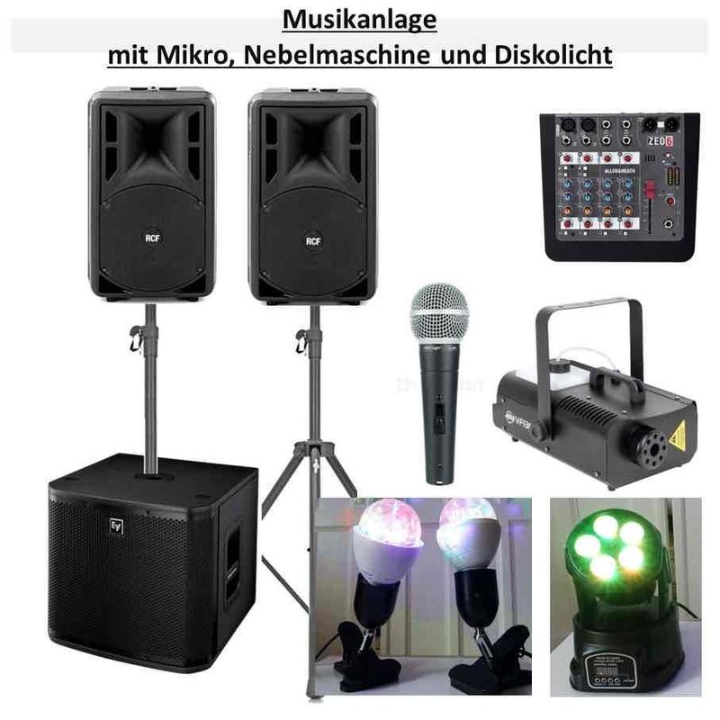 PA DJ Musikanlage mit Subwoofer, Mikro, Nebel und Licht