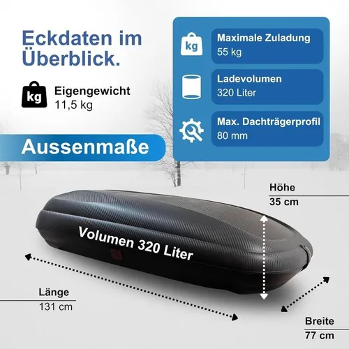 Dachbox VDP-BA320 inkl. Owen 4.1 L Universal Dachträger (135 cm, bis 90 kg)
