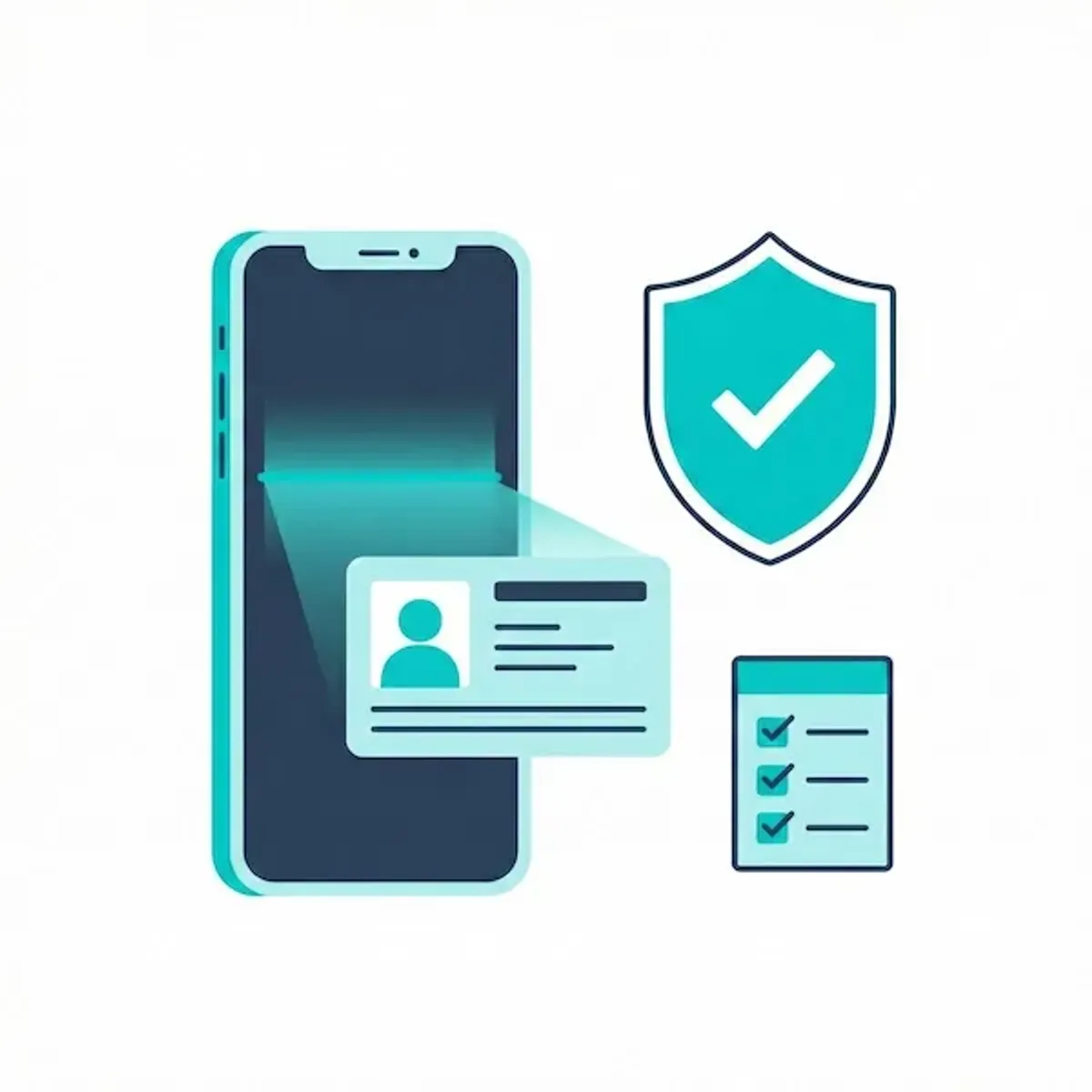 Zeigt die ID verifizierung, eiche Checkliste und ein Schild für Sicherheit