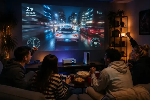 Beamer projiziert Videospiel auf großer Leinwand für Gaming-Abend