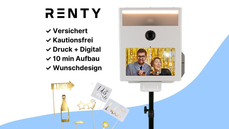 Fotobox mit Sofortdruck & Studioblitz ✓ 200 Prints inkl. ✓ Wunschlayout ✓ Aufbau in 10 min ✓ Requisiten - Top vorbereitet für Events mit Renty