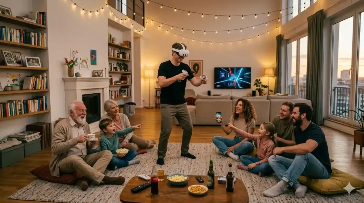 Informatik-Studenten in WG-Küche, eine Person trägt VR-Brille, andere schauen lachend zu