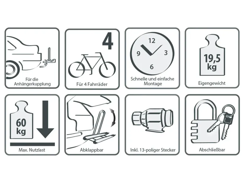 Fahrradträger für AHK, abklappbar, 4 Fahrräder 